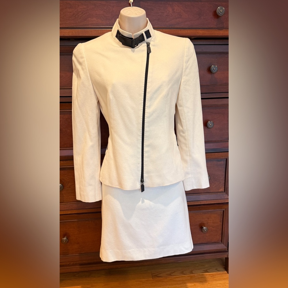 Akris Punto Bergdorf 100% Cashmere Leather Vintage Skirt Suit Sz 4 Ivory Cream